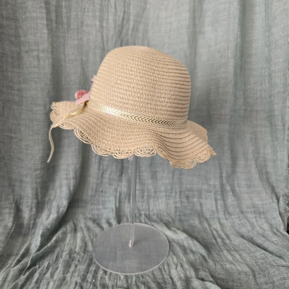 Girl's Spring Easter Straw‎ Scalloped Brim Hat Pink Swan Chin Strap